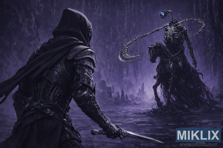 Over skulderen ser man rustningen med anløpet svart kniv vendt mot den råtnende ridderen i en lilla hule.