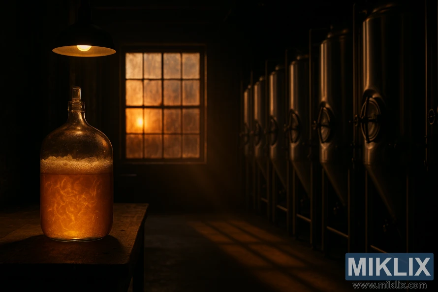 A dim brewery interior with a glowing carboy on a wooden workbench and fermentation tanks in warm sunset light. A dim brewery interior with a glowing carboy on a wooden workbench and fermentation tanks in warm sunset light.
