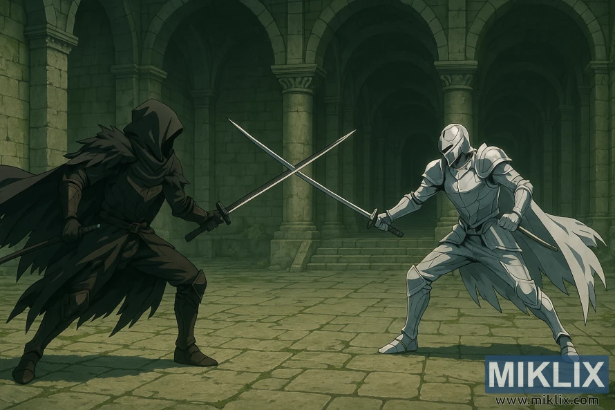 Mandhari ya mtindo wa uhuishaji wa shujaa wa Kisu Cheusi akipigana na Mimic Tear ya rangi ya fedha ndani ya jumba la kale la mawe. Mandhari ya mtindo wa uhuishaji wa shujaa wa Kisu Cheusi akipigana na Mimic Tear ya rangi ya fedha ndani ya jumba la kale la mawe.