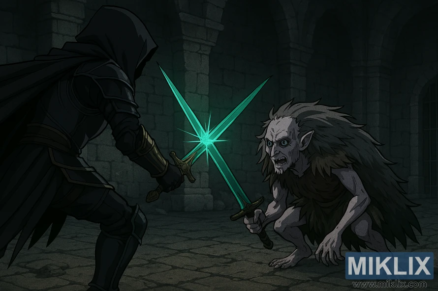 Anime-style fan art of the Tarnished fighting Demi-Human Swordmaster Onze inside Belurat Gaol Anime-style fan art of the Tarnished fighting Demi-Human Swordmaster Onze inside Belurat Gaol