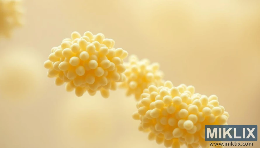 흐릿한 배경을 바탕으로 응집 중에 모여 있는 효모 세포의 거시적 모습.