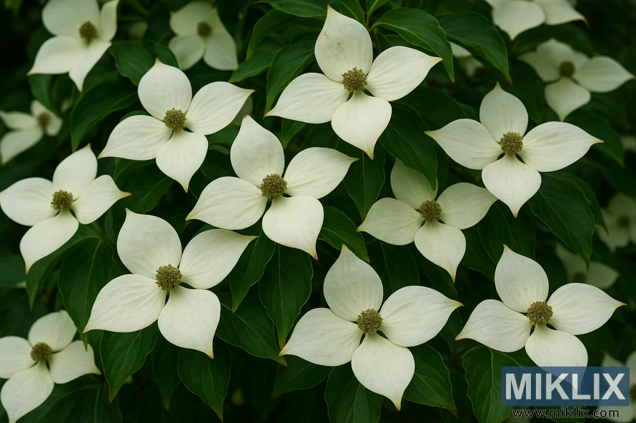 Arbre híbrid de sanguinyol amb nombroses bràctees blanques grans i fulles verdes, que mostra una forta resistència a les malalties i un creixement vibrant.