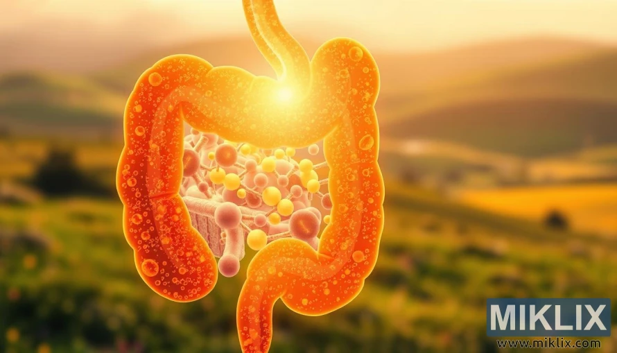 Ilustracija zdravog preseka creva sa korisnim bakterijama i zlatnim kolostrumom. Ilustracija zdravog preseka creva sa korisnim bakterijama i zlatnim kolostrumom.