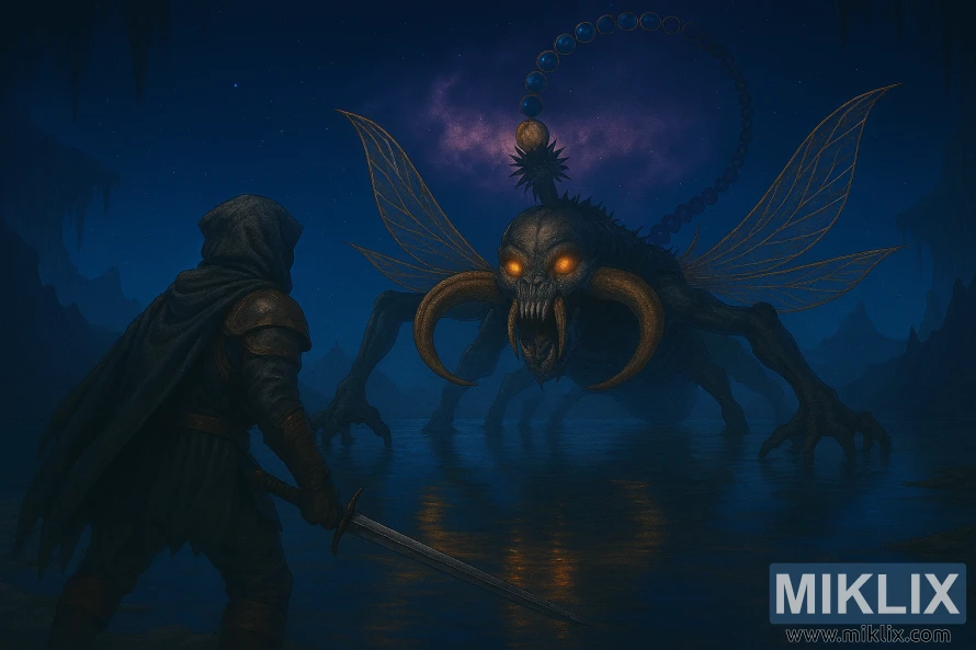 Semi-realistic fan art of the Tarnished confronting Astel, Naturalborn of the Void, in Elden Ring's Grand Cloister