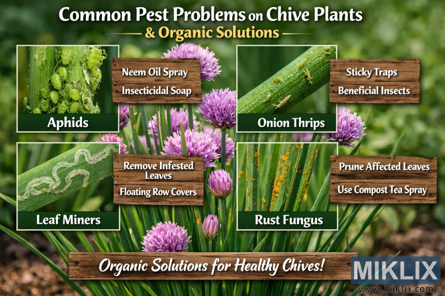 Infographic showing common pests on chive plants, including aphids, onion thrips, leaf miners, and rust fungus, with organic treatment solutions.