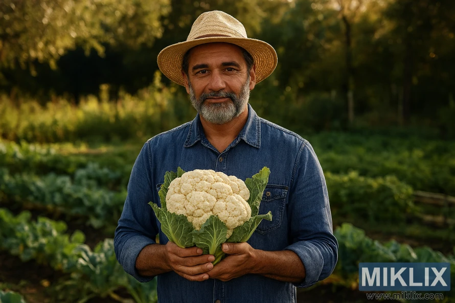 Un jardiner que sosté una coliflor acabada de collir en un hort exuberant
