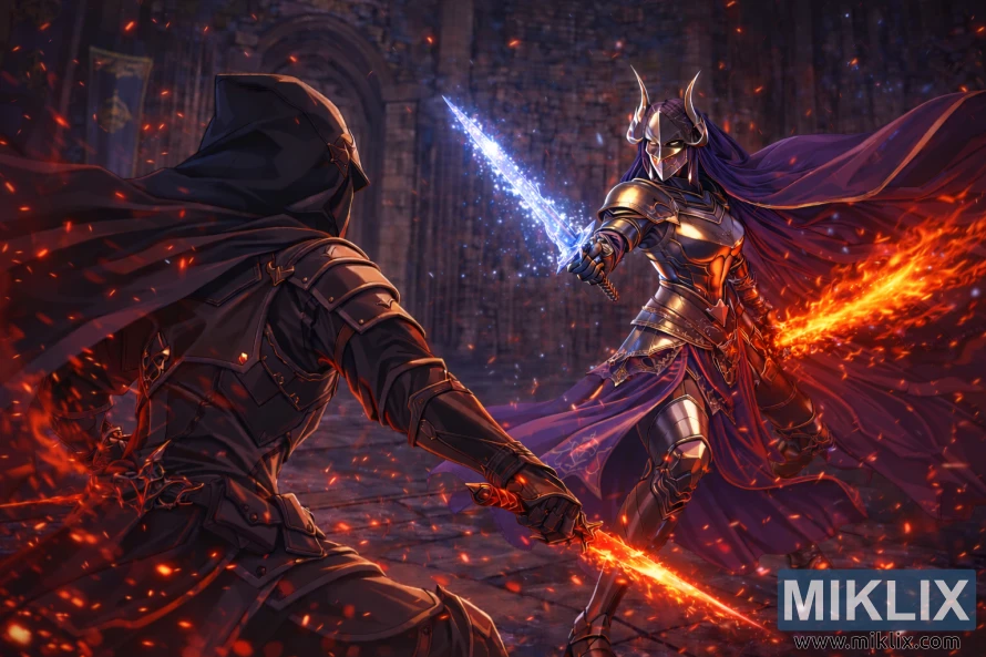 Anime-style fan art showing the Tarnished in Black Knife armor seen from behind dueling Rellana, Twin Moon Knight, who wields a flaming sword and a frost sword inside a gothic castle hall.