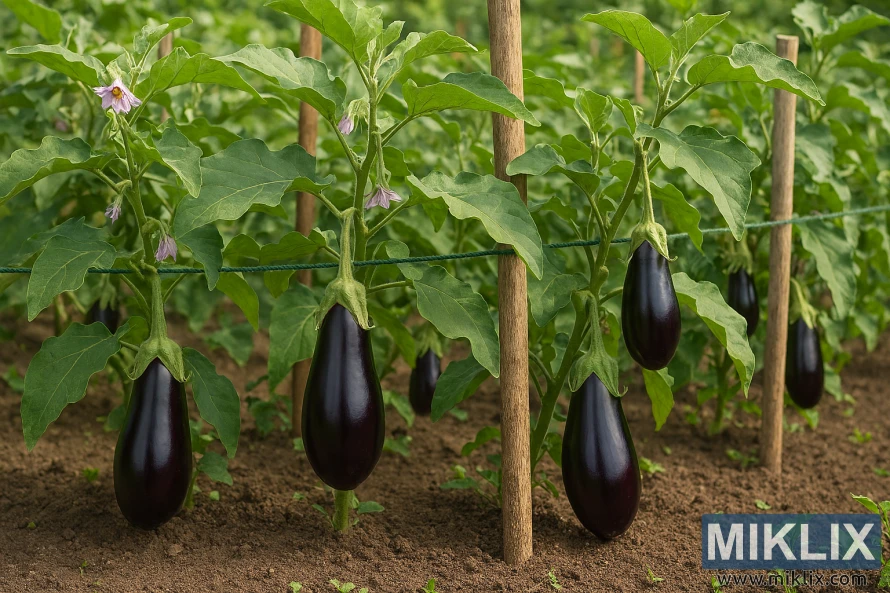 Healthy eggplant plants with ripe fruits growing in a garden supported by stakes and twine