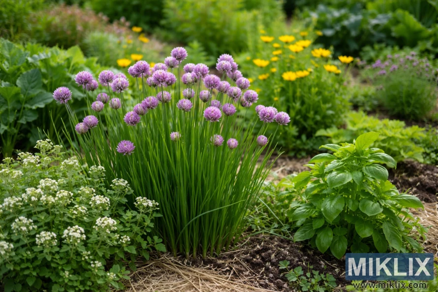 Chives with purple blossoms growing alongside basil, oregano, and flowering companion plants in a sunlit garden bed