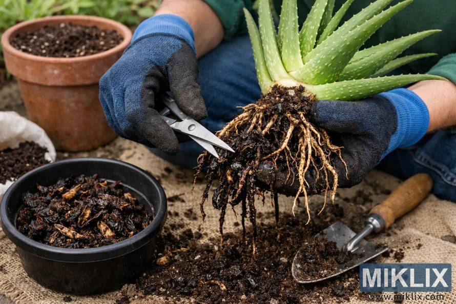 Gardener trimming rotten roots from an Aloe vera plant before repotting Gardener trimming rotten roots from an Aloe vera plant before repotting