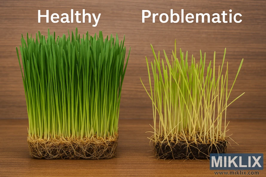 Side-by-side comparison of healthy green wheatgrass and problematic yellowing wheatgrass on a wooden surface Side-by-side comparison of healthy green wheatgrass and problematic yellowing wheatgrass on a wooden surface