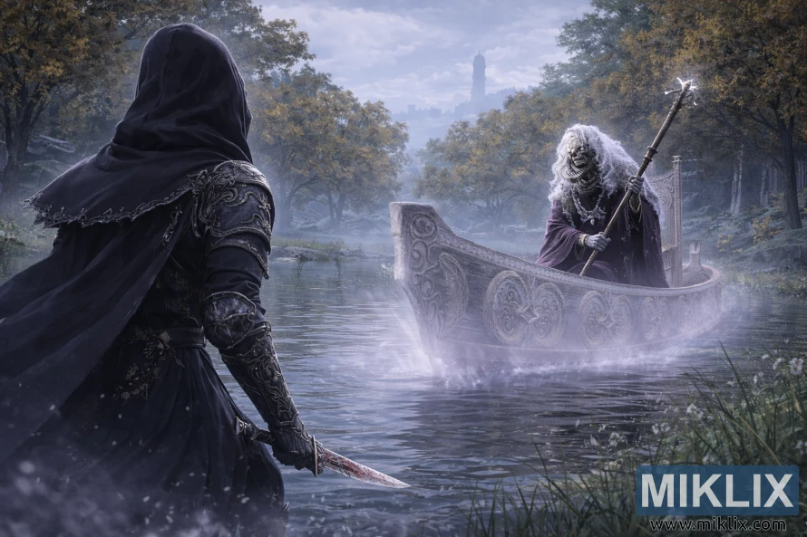 Fan art in stile anime dell'armatura Tarnished in Black Knife sulla sinistra, vista da dietro, di fronte al Tibia Mariner che brandisce un lungo bastone mentre galleggia su una barca spettrale nelle acque nebbiose della Liurnia orientale dei Laghi.