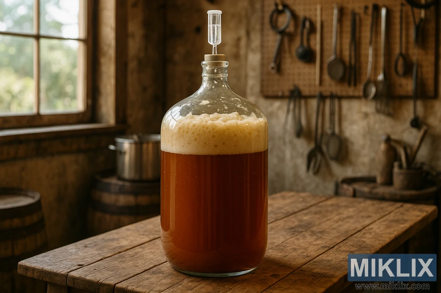 Խմորման փուլում գտնվող գարեջրի ապակե վագոն՝ փայտե սեղանի վրա, կալիֆոռնիական գեղջուկ տնական գարեջրատանը։