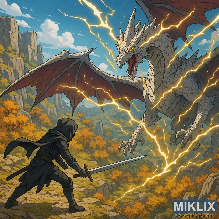 Anime-style isometric view of the Tarnished in Black Knife armor facing Ancient Dragon Lansseax on the Altus Plateau.