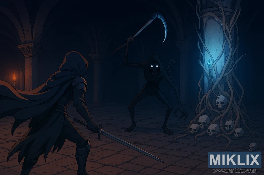 Anime-style fan art of the Tarnished in Black Knife armor confronting the Cemetery Shade boss in Elden Ring's Caelid Catacombs, with expanded background detail.