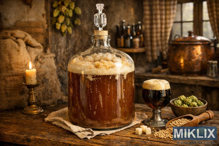 Belgian strong ale actively fermenting in a glass carboy on a wooden table in a cozy, rustic homebrewing room with hops, malt, candlelight, and a pewter chalice. Belgian strong ale actively fermenting in a glass carboy on a wooden table in a cozy, rustic homebrewing room with hops, malt, candlelight, and a pewter chalice.