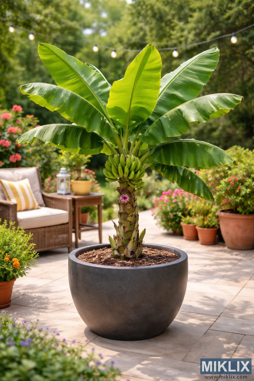 Dwarf Cavendish banana plant growing in a large dark container on a sunlit patio surrounded by potted plants and outdoor furniture