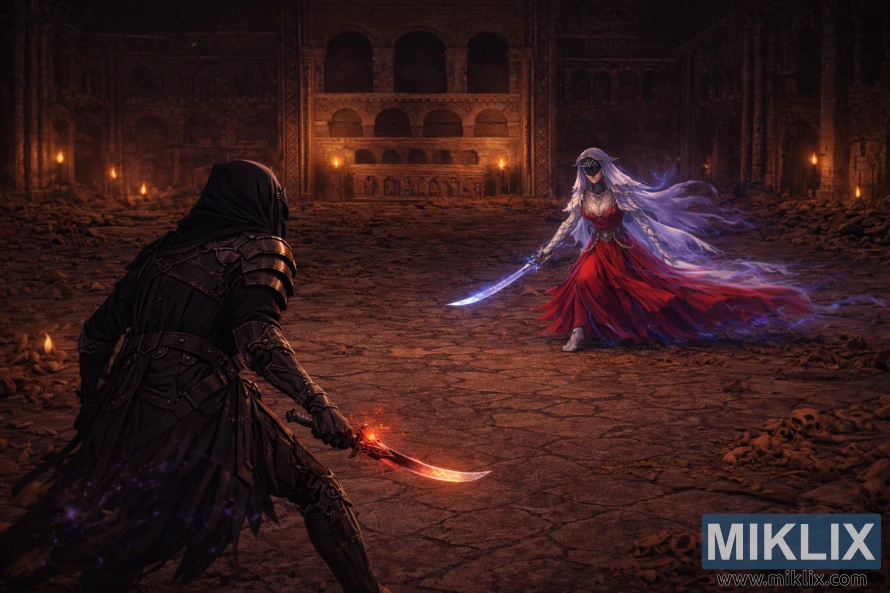 Wide over-the-shoulder anime-style view of the Tarnished facing the Dancer of Ranah in a vast, torch-lit mausoleum just before battle.