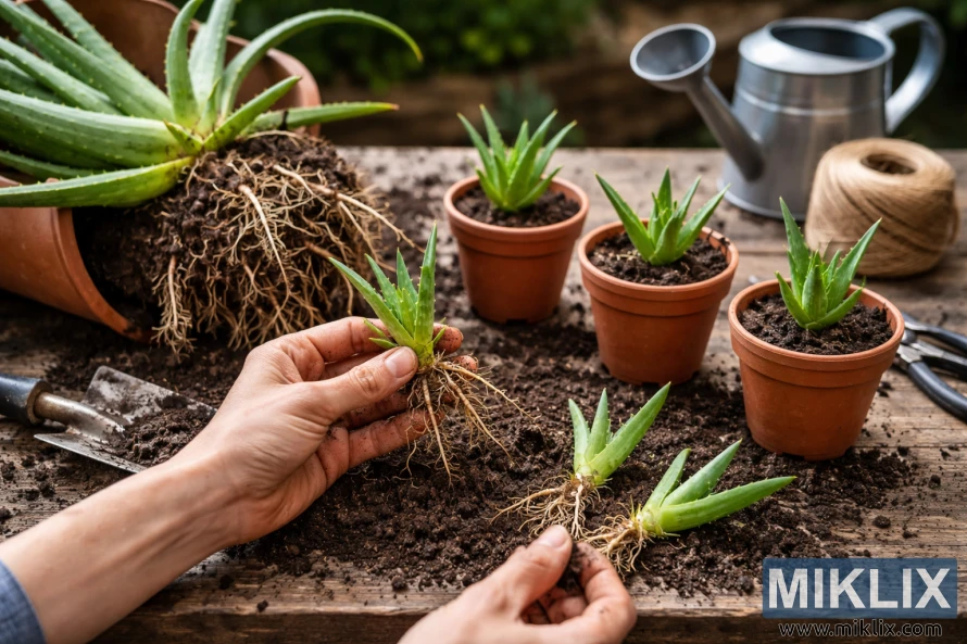 Hands removing aloe vera pups from a parent plant and potting them into small terracotta pots on a wooden gardening table. Hands removing aloe vera pups from a parent plant and potting them into small terracotta pots on a wooden gardening table.