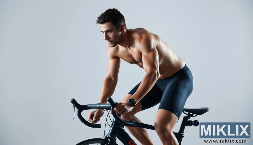 Osoba jeżdżąca na rowerze stacjonarnym, o skupionym wyrazie twarzy na minimalistycznym tle. Osoba jeżdżąca na rowerze stacjonarnym, o skupionym wyrazie twarzy na minimalistycznym tle.