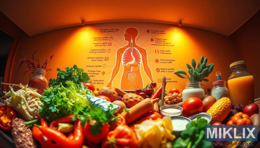 Kimči, skābētu kāpostu, kombučas un jogurta ilustrācija ar zarnu anatomisku diagrammu un ieguvumiem veselībai.