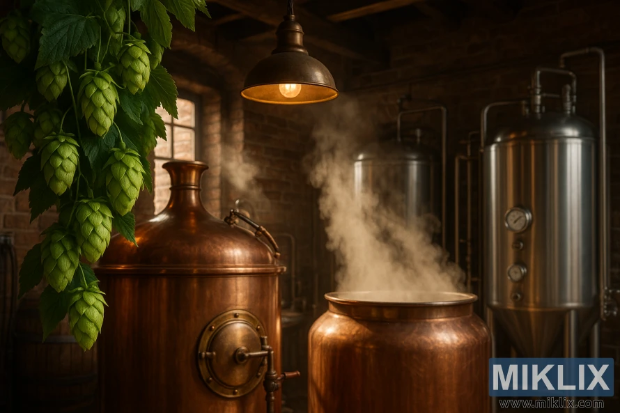 Chinook humlekjegler på bines i et rustikt bryggeri med kobberkjeler, damp, murvegger og gjæringstanker.