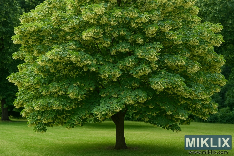 Landskapsfoto av et modent lindetre med hjerteformede blader og lysegule blomster i en frodig hage
