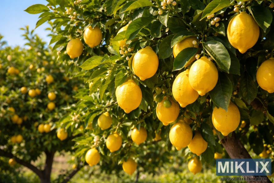 Cây chanh ở Lisbon với những quả chanh chín vàng, lá xanh và những bông hoa rực rỡ dưới ánh nắng ấm áp.