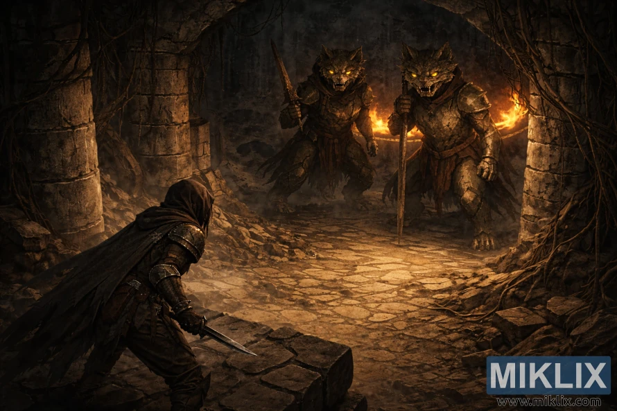 Vista isometrica del Tarnished accovacciato su una sporgenza di fronte a due Erdtree Burial Watchdogs dall'altra parte di una cripta sotterranea in fiamme.