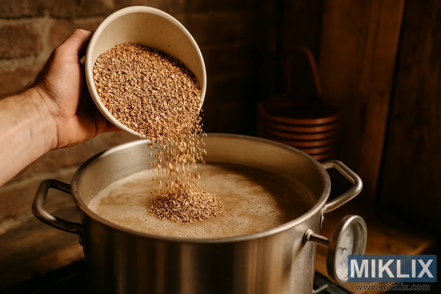 Krupni plan usitnjenog blijedo čokoladnog slada koji se ulijeva u lonac za slađenje u rustikalnom kućnom pivarskom okruženju