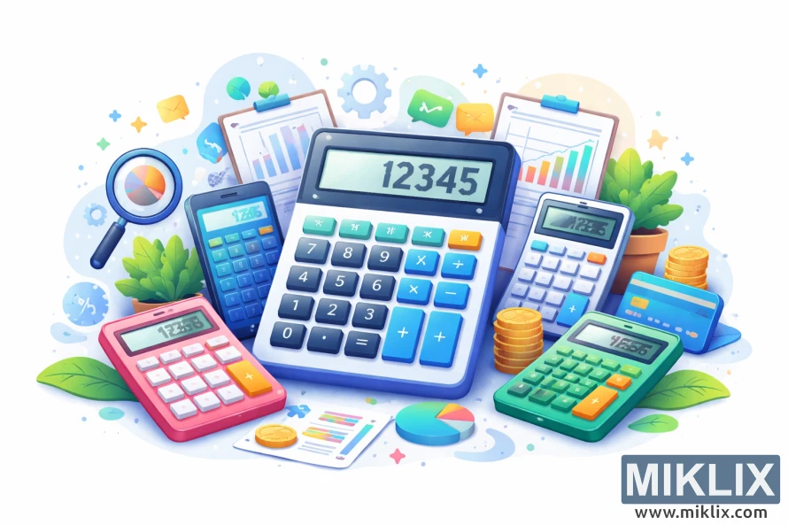 Colorful modern illustration showing multiple calculators surrounded by charts, graphs, coins, and analysis icons on a light background.