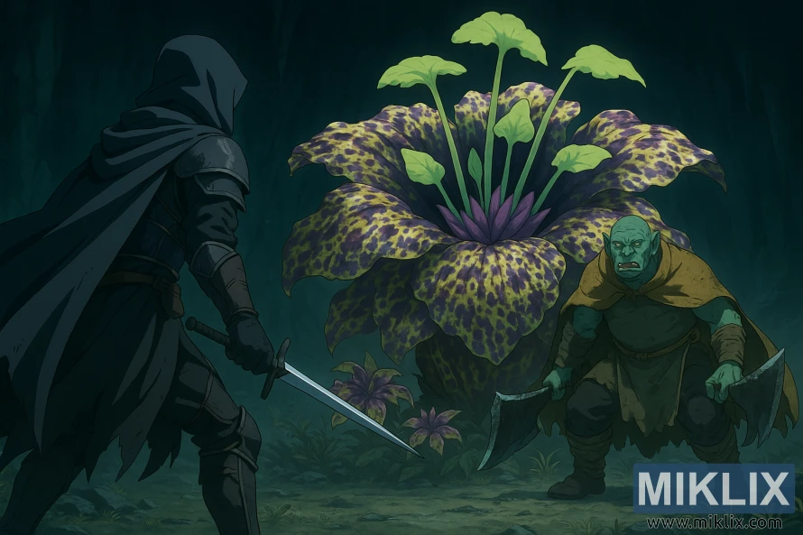 Anime-style Elden Ring fan art showing the Tarnished on the left facing an Omenkiller and Miranda the Blighted Bloom inside a dark cavern. Anime-style Elden Ring fan art showing the Tarnished on the left facing an Omenkiller and Miranda the Blighted Bloom inside a dark cavern.