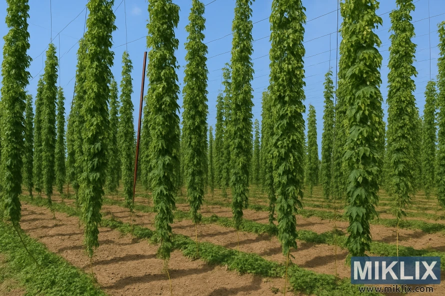 ကြည်လင်သော ကောင်းကင်ပြာအောက်ရှိ ကောင်းမွန်စွာထိန်းသိမ်းထားသော လယ်ကွင်းထဲတွင် အမြင့်ခုန်အပင်များ တန်းစီကာ တက်နေပါသည်။