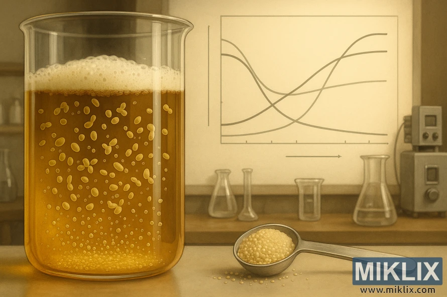 পাত্র, CO2 বুদবুদ এবং ডেটা গ্রাফ সহ খামির গাঁজনের প্রযুক্তিগত চিত্র।