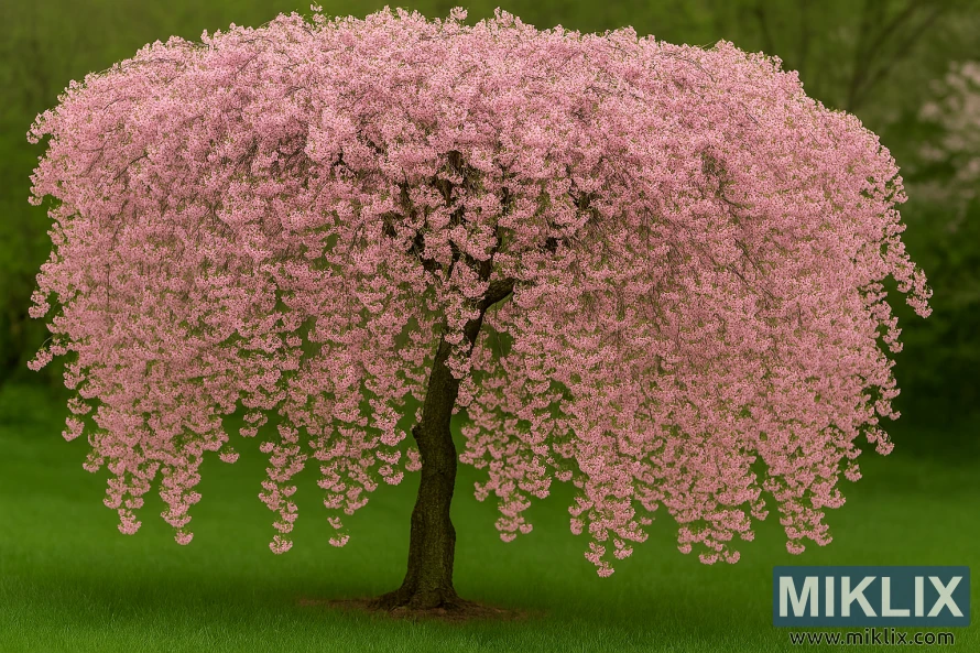 Плакучая вишня с каскадом нежно-розовых цветов, образующих облачный купол на фоне пышной зелени. Плакучая вишня с каскадом нежно-розовых цветов, образующих облачный купол на фоне пышной зелени.