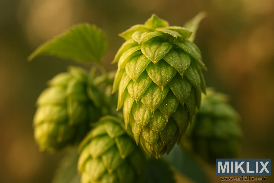 Nærbilde av livlig Galena-humle som fremhever grønne kjegler og lupulinkjertler. Nærbilde av livlig Galena-humle som fremhever grønne kjegler og lupulinkjertler.