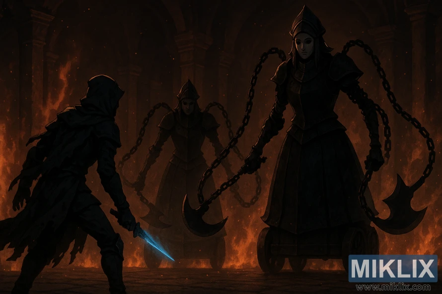 Apsiautėjęs juodais peilio šarvais, stovintis priešais dvi tamsias Pagrobėjų Mergeles su grandininėmis rankomis ugningoje menėje.