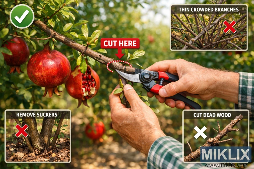 High-resolution photo showing hands using pruning shears to correctly cut a pomegranate tree branch, with instructional labels highlighting proper and improper pruning practices. High-resolution photo showing hands using pruning shears to correctly cut a pomegranate tree branch, with instructional labels highlighting proper and improper pruning practices.