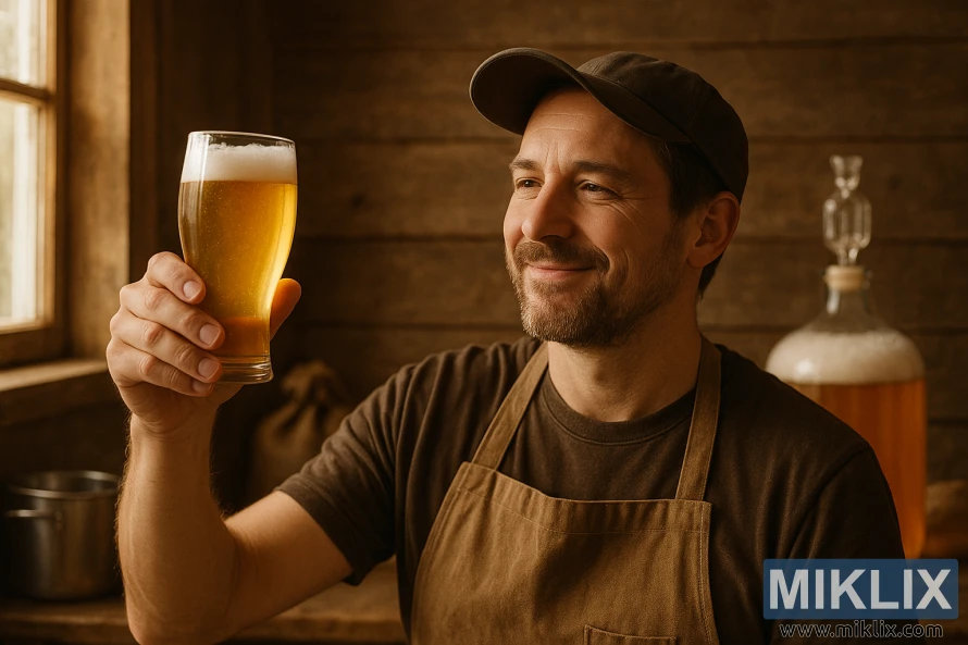 Homebrewer holds a glass of golden lager in warm rustic light, smiling with pride.