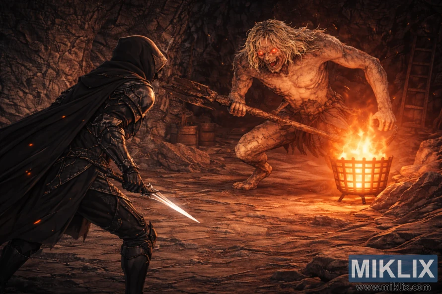 Anime style Elden Ring fan art of a Black Knife armored Tarnished seen from behind facing a large Scaly Misbegotten boss at close range inside a fiery cave.