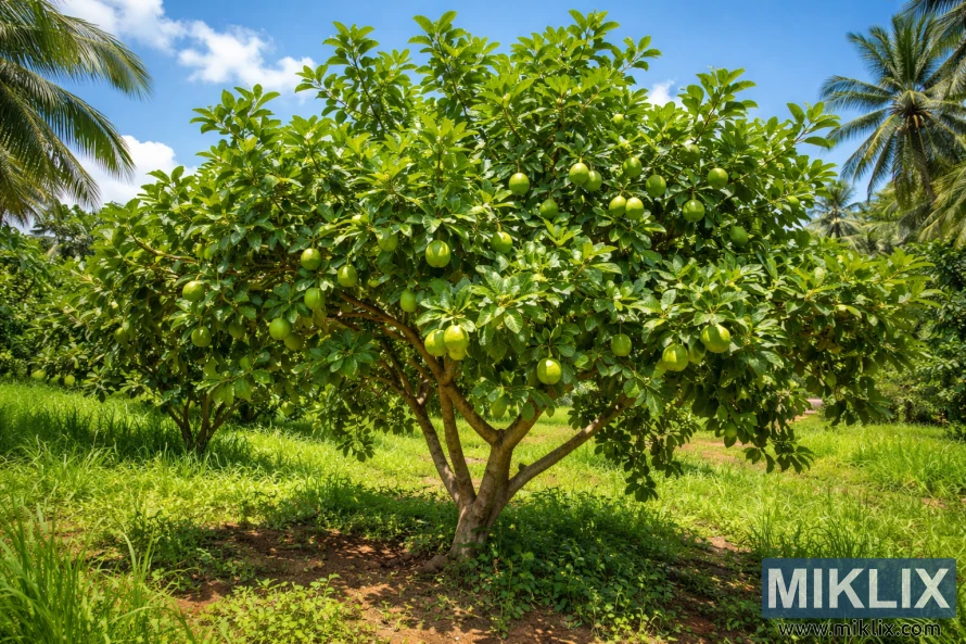A healthy guava tree with dense green foliage and ripening fruits growing under full sun in a tropical orchard.
