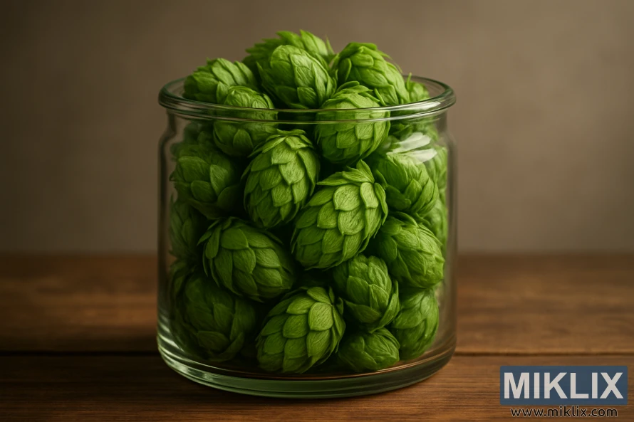 Élénk zöld komlóval töltött üvegedény fa felületen. Élénk zöld komlóval töltött üvegedény fa felületen.