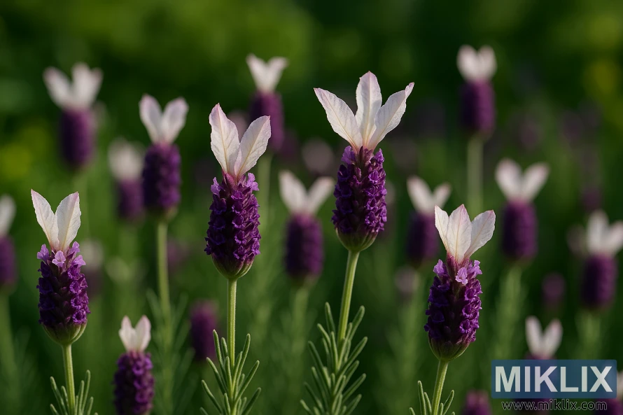 Detaljeret nærbillede af Ballerina spansk lavendel med dyb lilla blomsteraks og hvide højblade, der falmer til blød lyserød og lilla i en solbeskinnet have. Detaljeret nærbillede af Ballerina spansk lavendel med dyb lilla blomsteraks og hvide højblade, der falmer til blød lyserød og lilla i en solbeskinnet have.