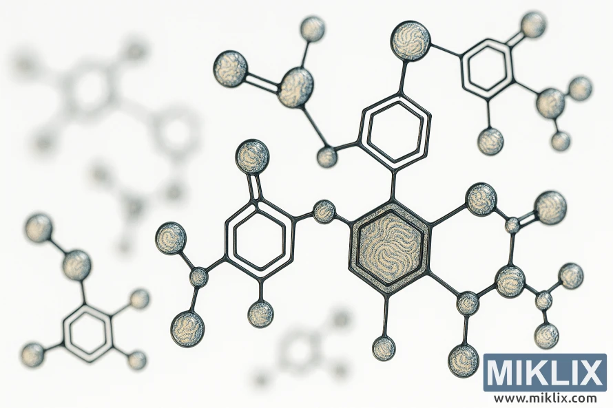 Makro krupni plan molekularnih struktura estera s heksagonalnim i sfernim oblicima na svijetloj pozadini.