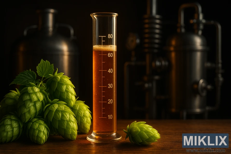 Toyomidori-humlekjegler ved siden av et glødende reagensrør med vørter med bryggetanker i bakgrunnen.