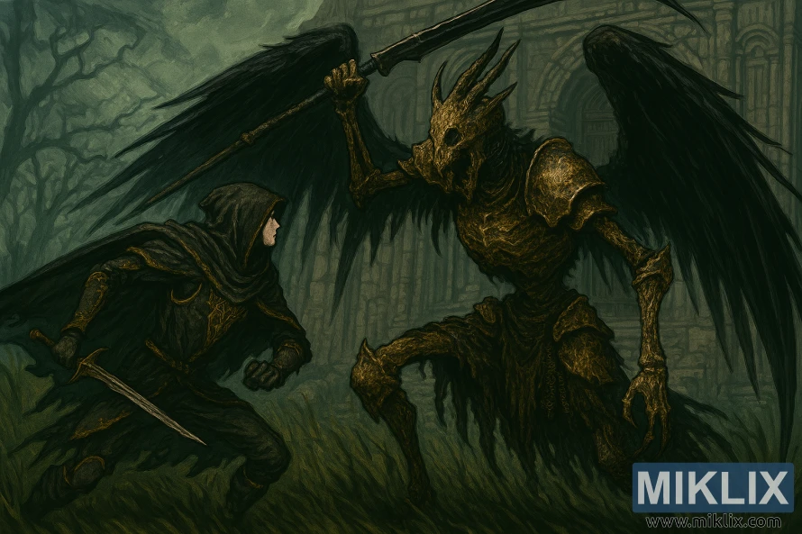 Anime-style battle between Tarnished and Black Blade Kindred outside Bestial Sanctum