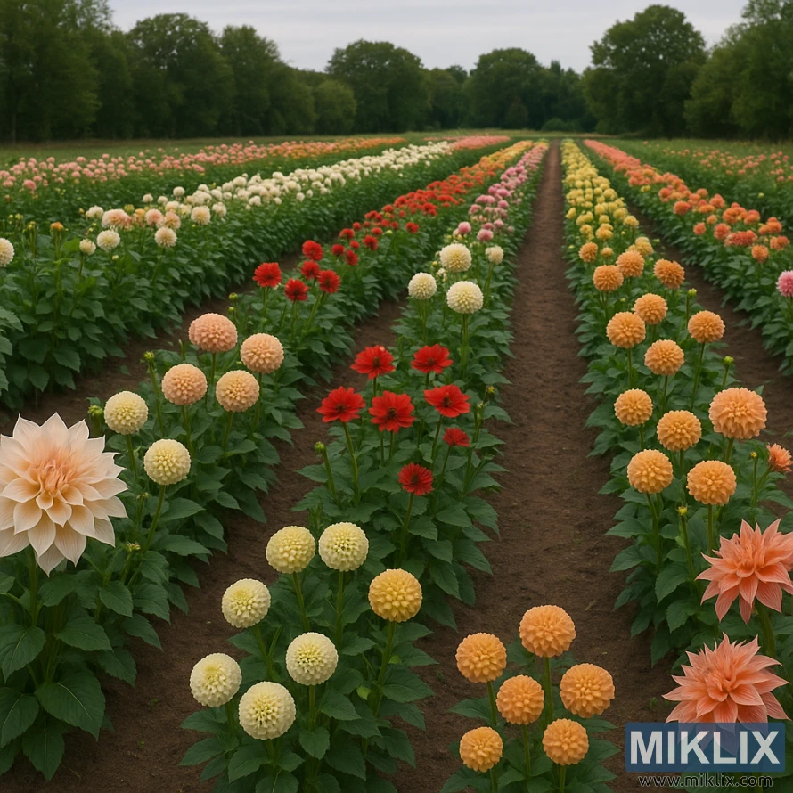 Dahlia cutting garden with rows of colorful blooms under a soft overcast sky.