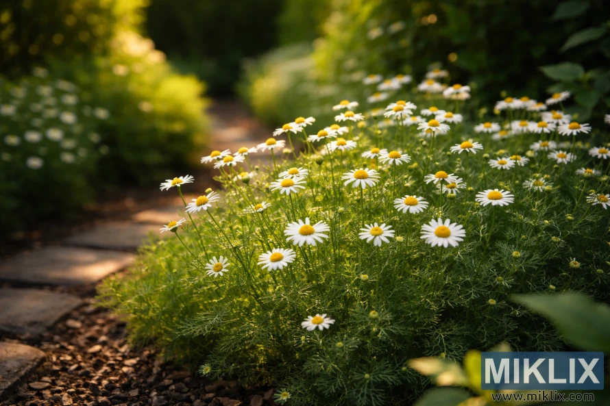 Chamomile plants with white petals and yellow centers growing in a sunny garden bed with soft afternoon shade and blurred greenery in the background.