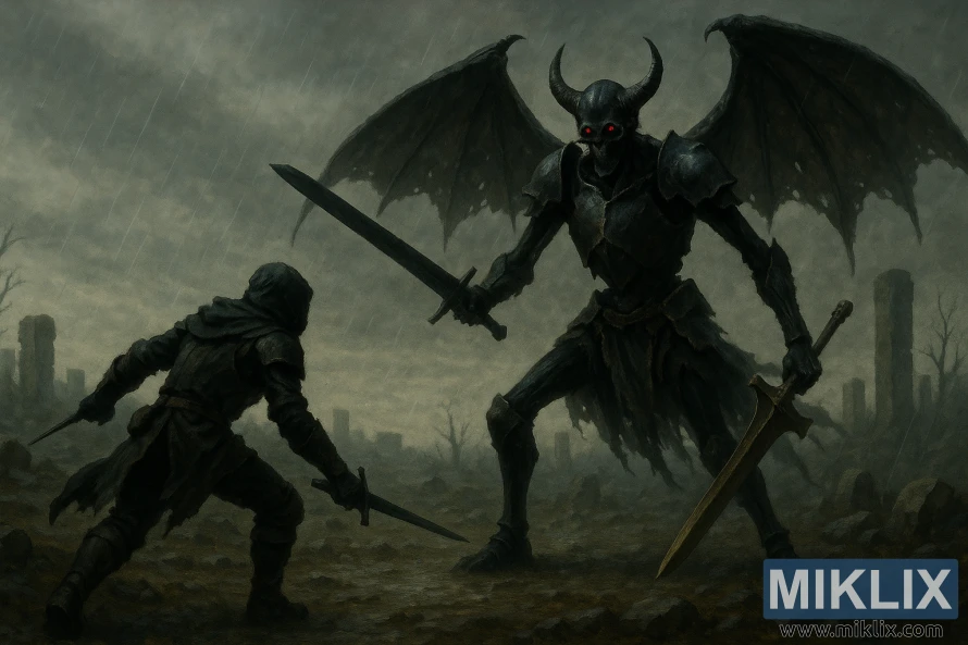 Realistická fantasy scéna, v ktorej Poškvrnený čelí týčiacemu sa okrídlenému Príbuznému s Čiernou čepeľou s čiernymi kosťami a rozpadajúcim sa brnením v daždivej pustatine.