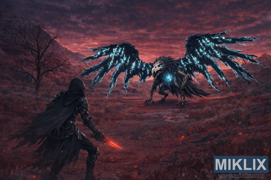 Wide-view anime fan art of the Tarnished in Black Knife armor facing an undead Death Rite Bird with glowing blue wings in Caelid.